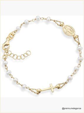 18K Gold Plated Sterling Silver Pearl Rosary Cross Bracelet
